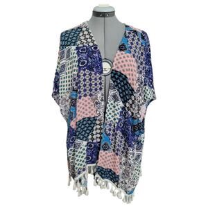 Patchwork Cardigan Wrap Size Medium Navy Pink Swim Cover-up